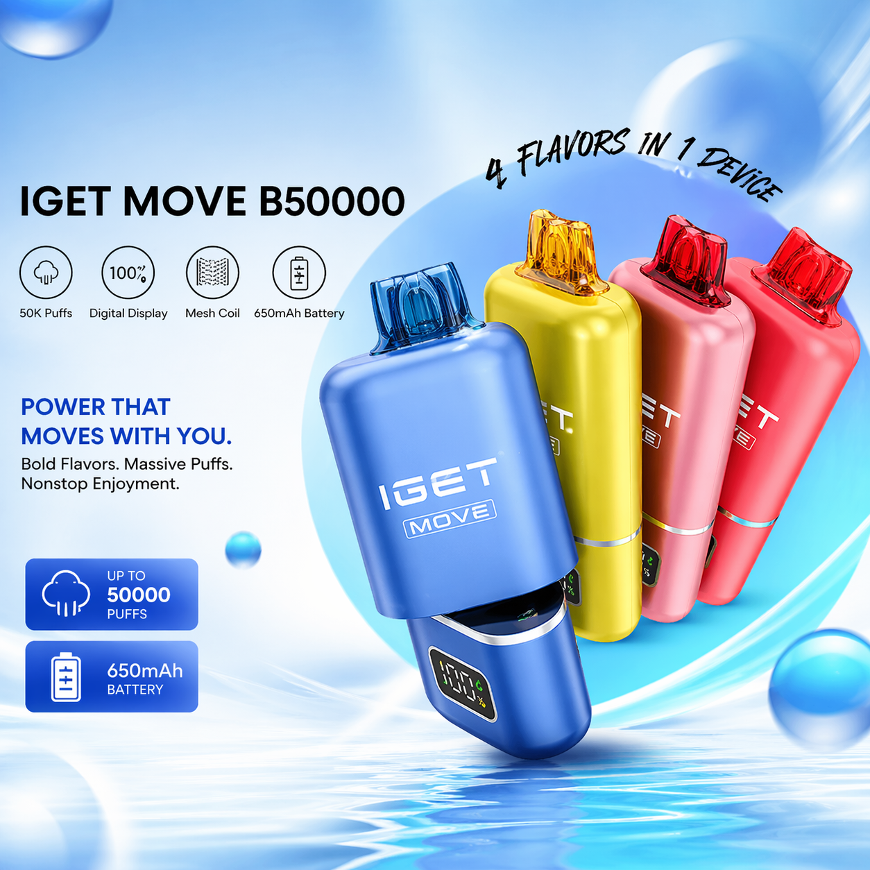 IGET Move B50000 Disposable Vape – 50,000 Puffs Rechargeable Dual Flavour Vape with Smart Display, Dual Mesh Coil & Type-C Charging
