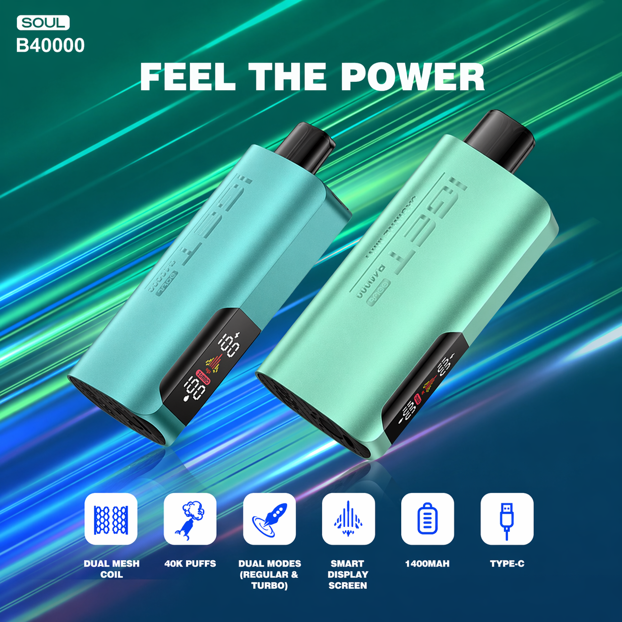 IGET Soul B40000 Disposable Vape – 40,000 Puffs Rechargeable Vape with Dual Modes (Regular & Turbo), Smart Display & Dual Mesh Coil