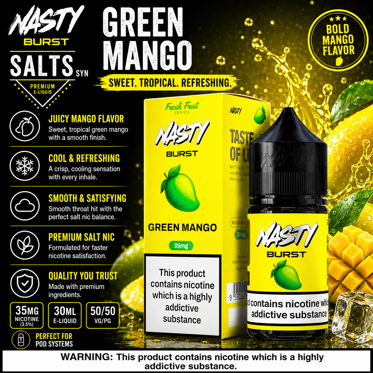 Green Mango - Nasty Burst | 30ML Nic Salt Juice | 35MG, 50MG | Vape Mash India