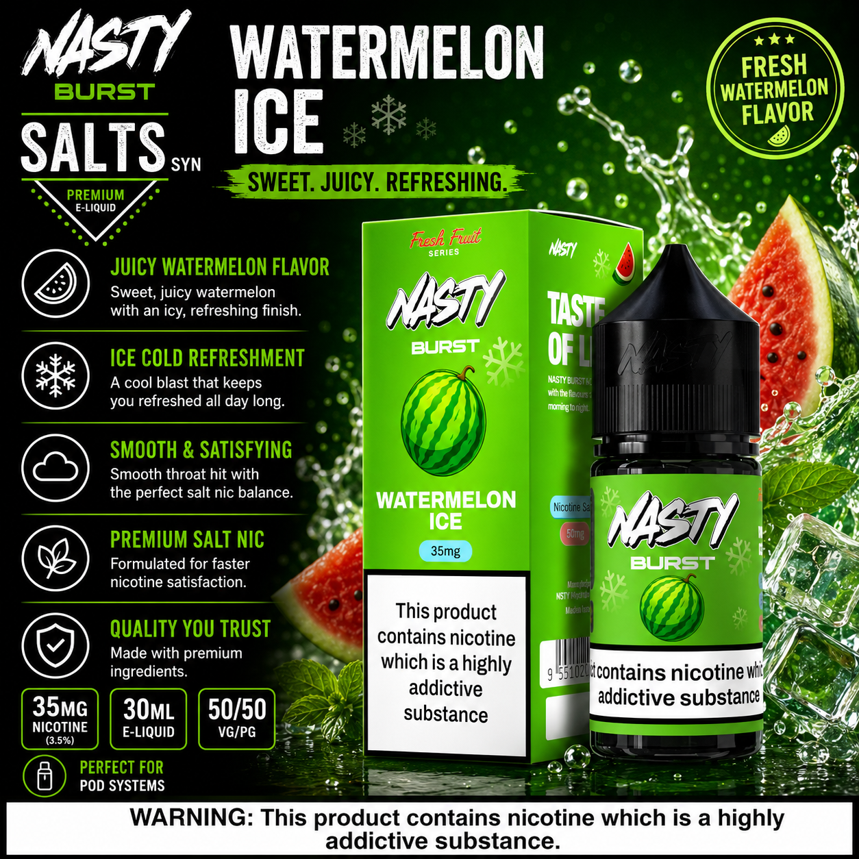 Watermelon Ice - Nasty Burst | 30ML Nic Salt Juice | 35MG, 50MG | Vape Mash India