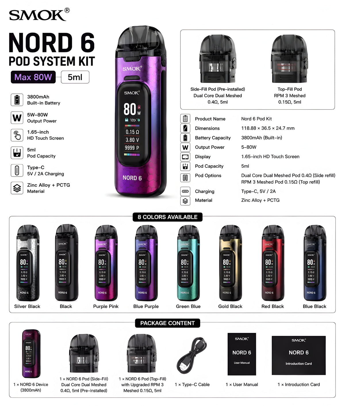 SMOK Nord 6 Pod System Kit | 80W | 3800mAh Battery | 5ML Pods | Vape Mash India