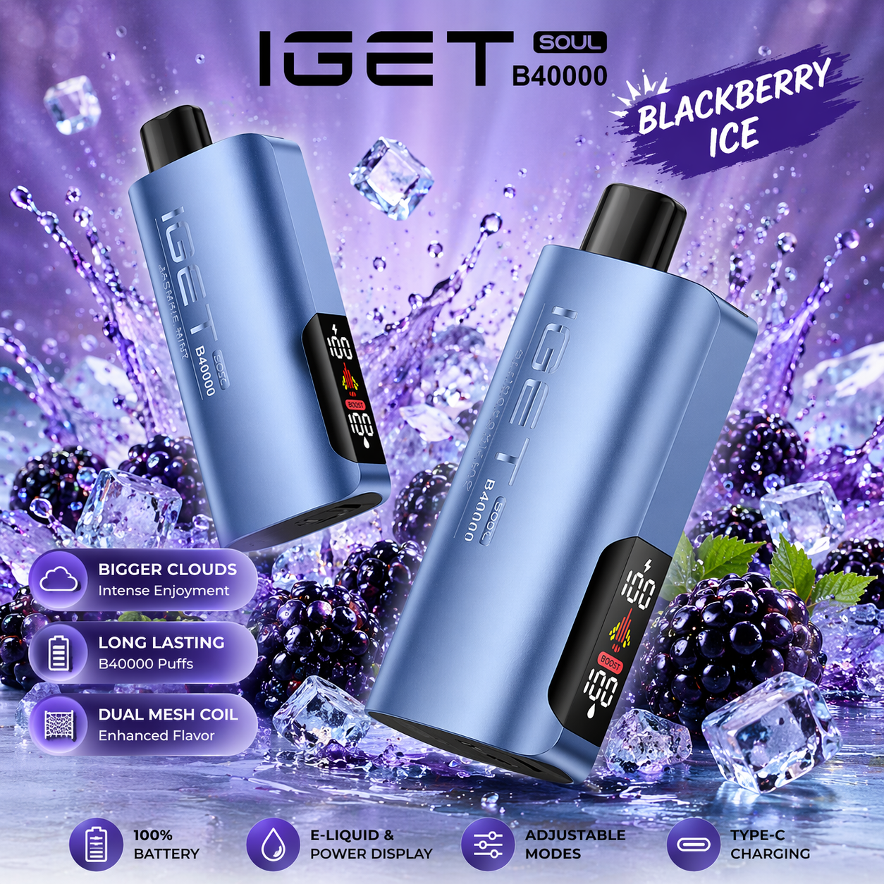 IGET Soul B40000 Disposable Vape – 40,000 Puffs Rechargeable Vape with Dual Modes (Regular & Turbo), Smart Display & Dual Mesh Coil