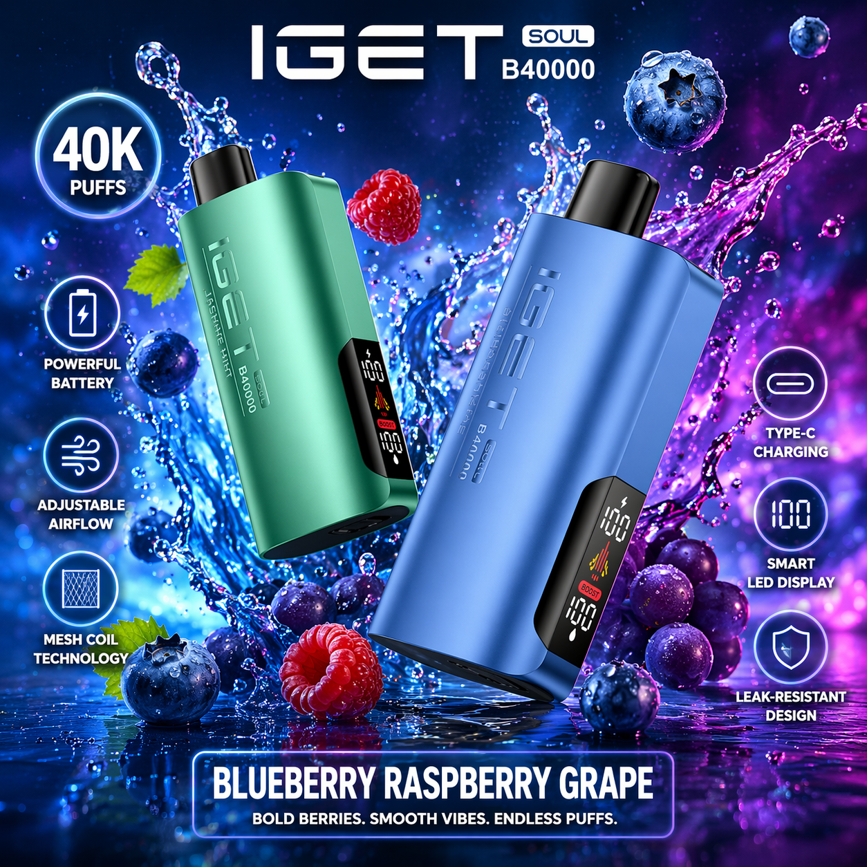 IGET Soul B40000 Disposable Vape – 40,000 Puffs Rechargeable Vape with Dual Modes (Regular & Turbo), Smart Display & Dual Mesh Coil