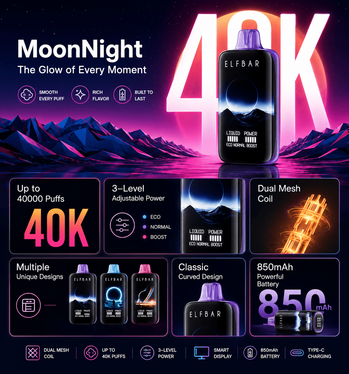 ELFBAR Moon Night Disposable Vape – 40000 Puffs | Vape Mash India