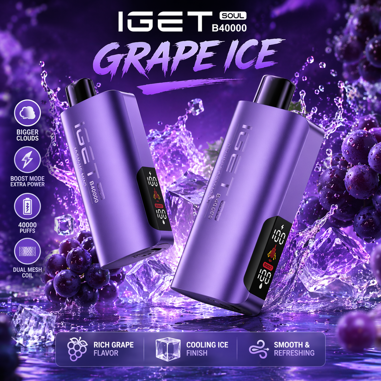 IGET Soul B40000 Disposable Vape – 40,000 Puffs Rechargeable Vape with Dual Modes (Regular & Turbo), Smart Display & Dual Mesh Coil