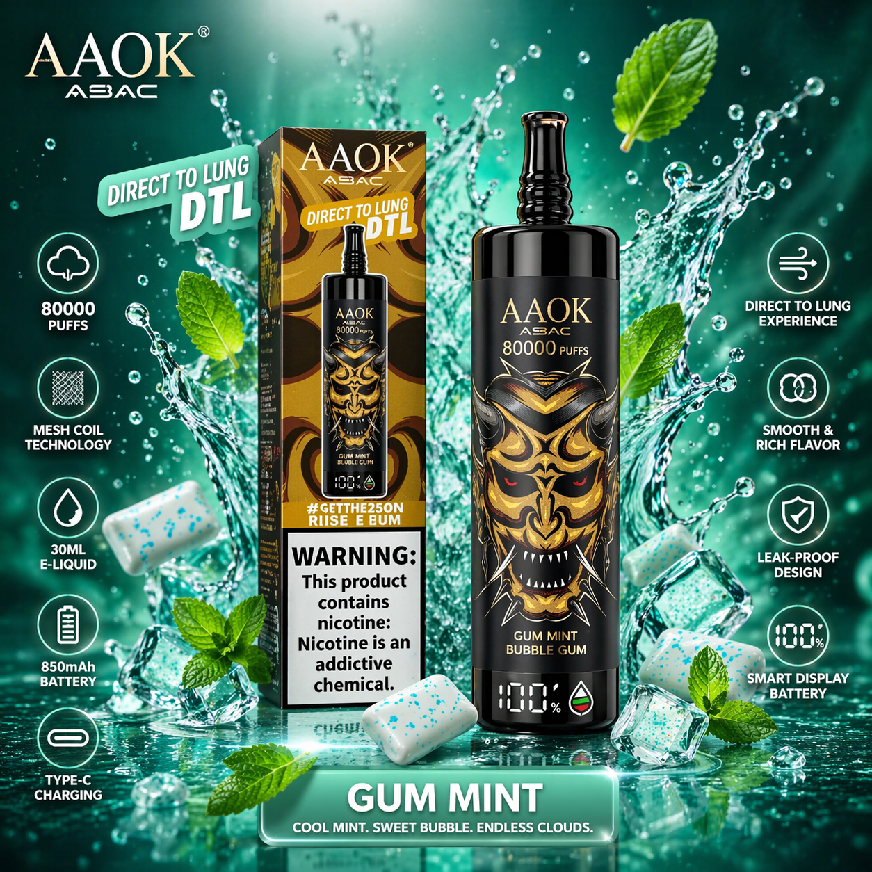 AAOK AK80000 Disposable Vape – 80,000 Puffs Rechargeable Mesh Coil Smart Display Vape