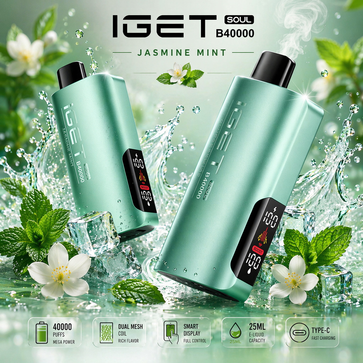 IGET Soul B40000 Disposable Vape – 40,000 Puffs Rechargeable Vape with Dual Modes (Regular & Turbo), Smart Display & Dual Mesh Coil