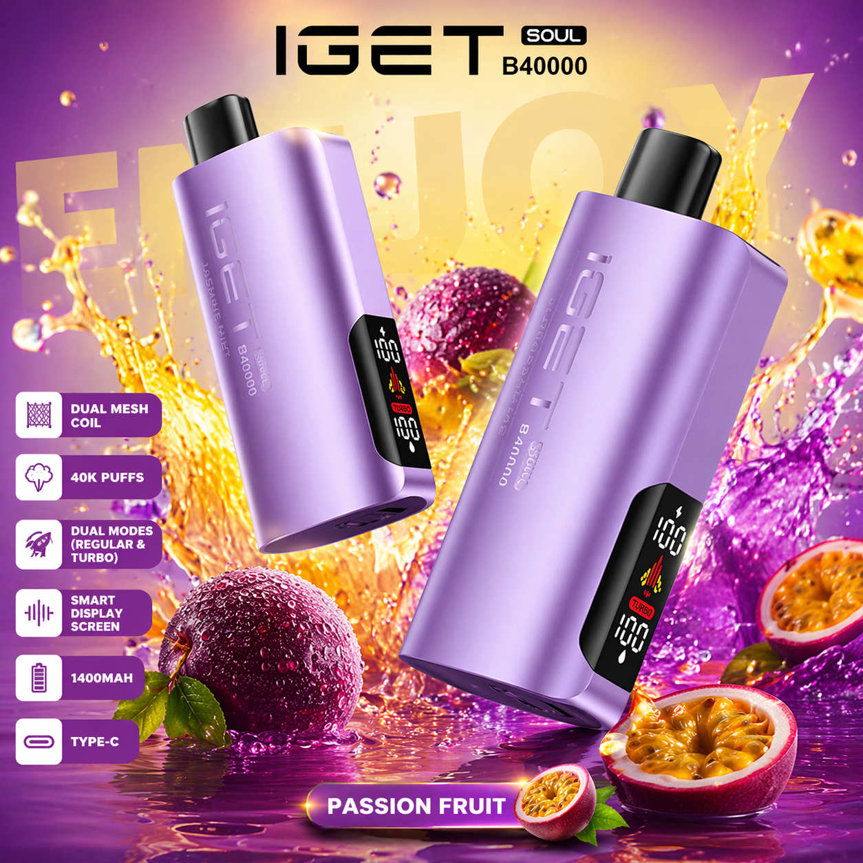 IGET Soul B40000 Disposable Vape – 40,000 Puffs Rechargeable Vape with Dual Modes (Regular & Turbo), Smart Display & Dual Mesh Coil
