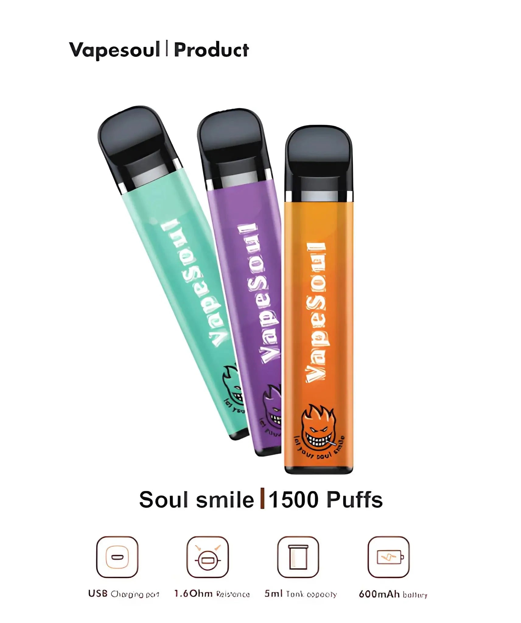 Vapesoul Soul Smile Long-Lasting Disposable Vape 1500 Puffs Black