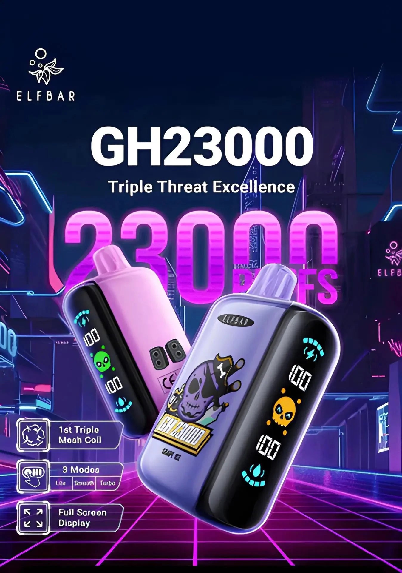 Elfbar GH23000 Disposable Triple Mesh Coil Vape Pink Purple Skull Design
